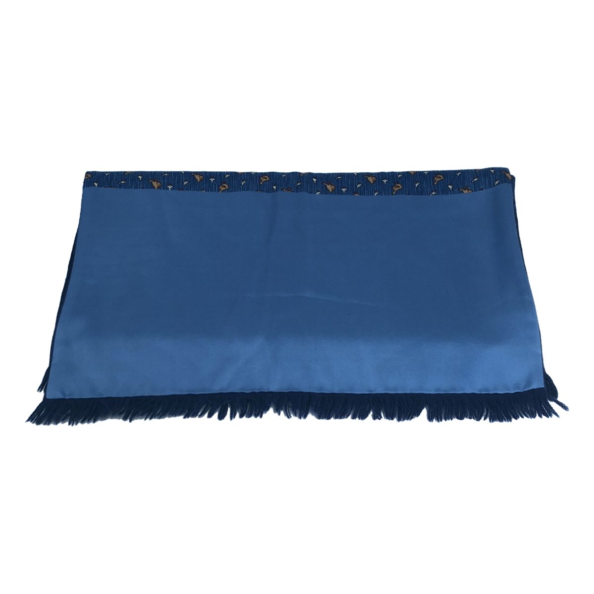 Hermes Silk Angora Reversible Duck Pattern Fringe Scarf Blue — view 3