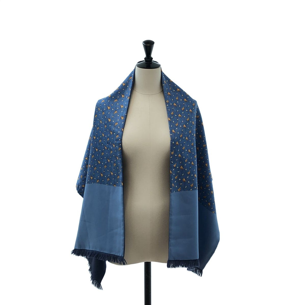 Hermes Silk Angora Reversible Duck Pattern Fringe Scarf Blue