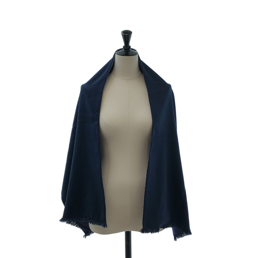 Hermes Silk Angora Reversible Geometric Fringe Scarf Navy Blue — view 2