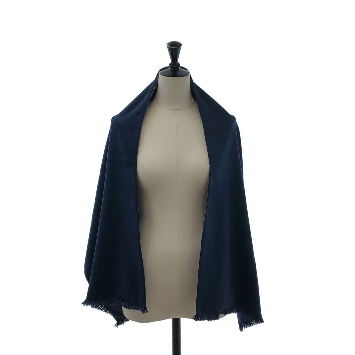 Hermes Silk Angora Reversible Geometric Fringe Scarf Navy Blue — view 2