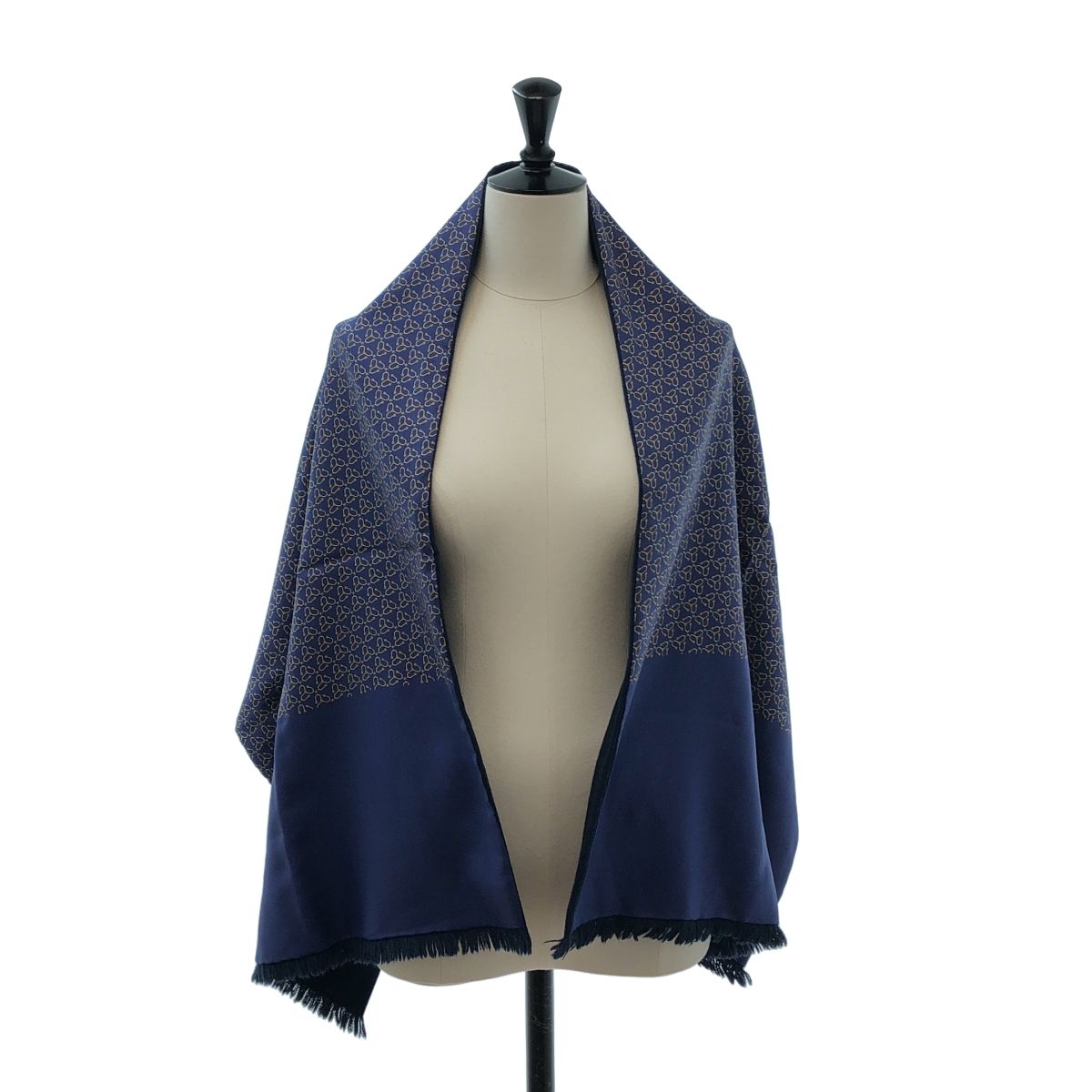 Hermes Silk Angora Reversible Geometric Fringe Scarf Navy Blue