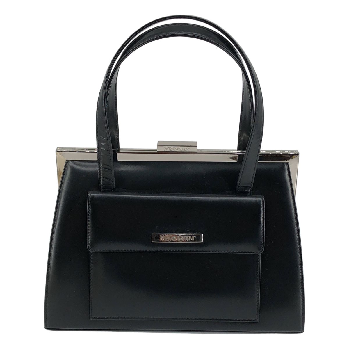 Saint Laurent Leather Kiss Lock Handbag Black Silver