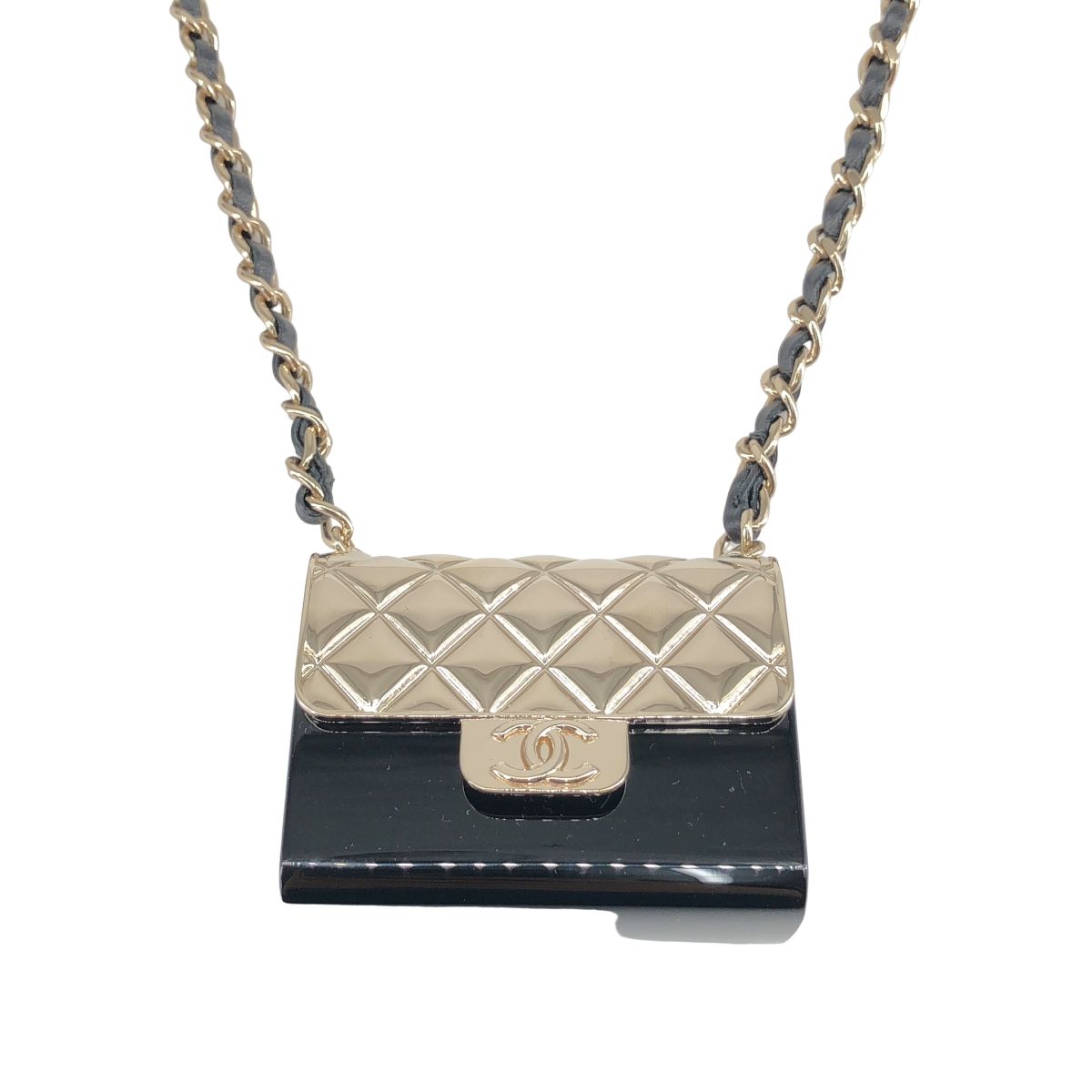 Chanel CC Logo Quilted Bag Necklace Black Silver — view 3