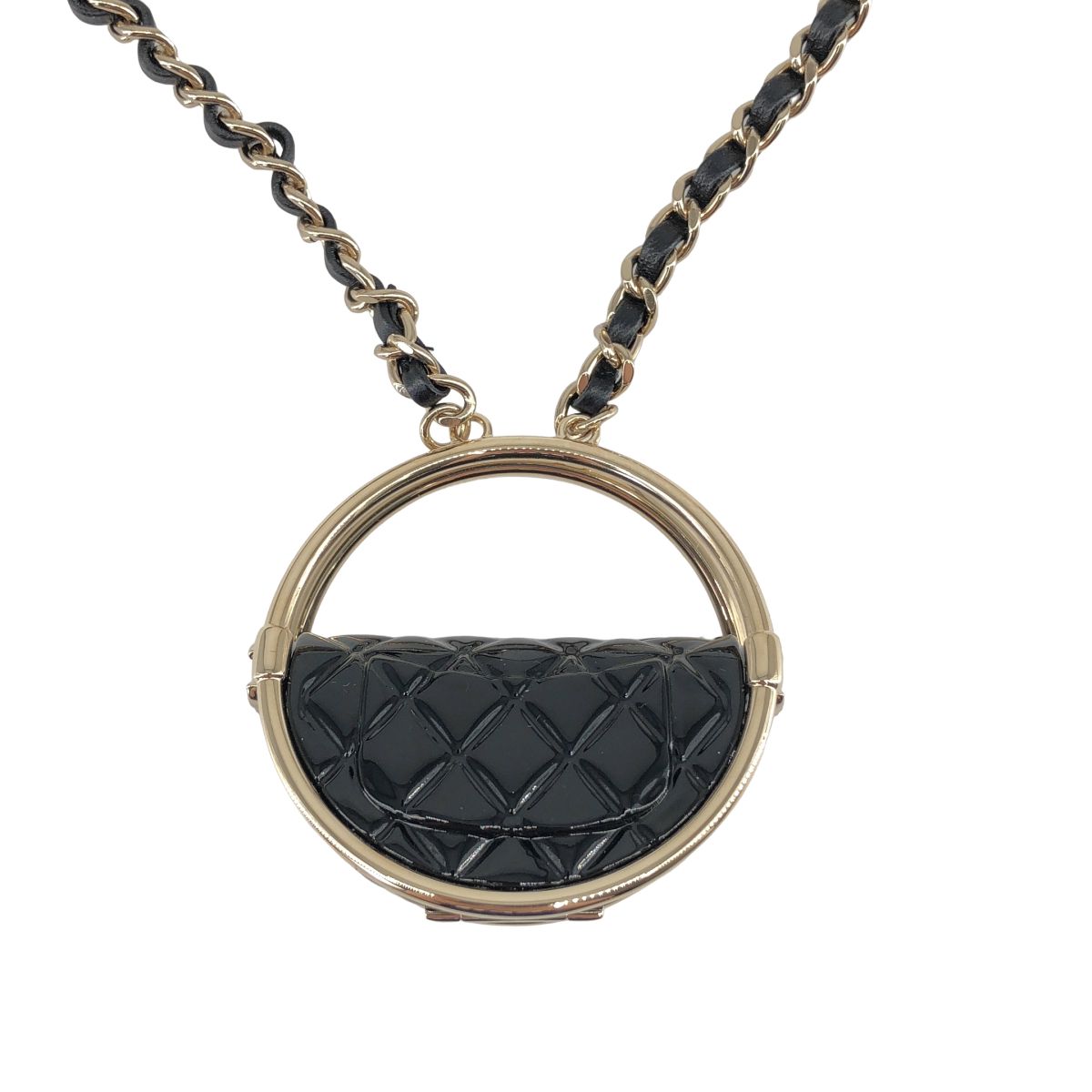 Chanel CC Logo Quilted Necklace with Mirror Black Gold — view 4