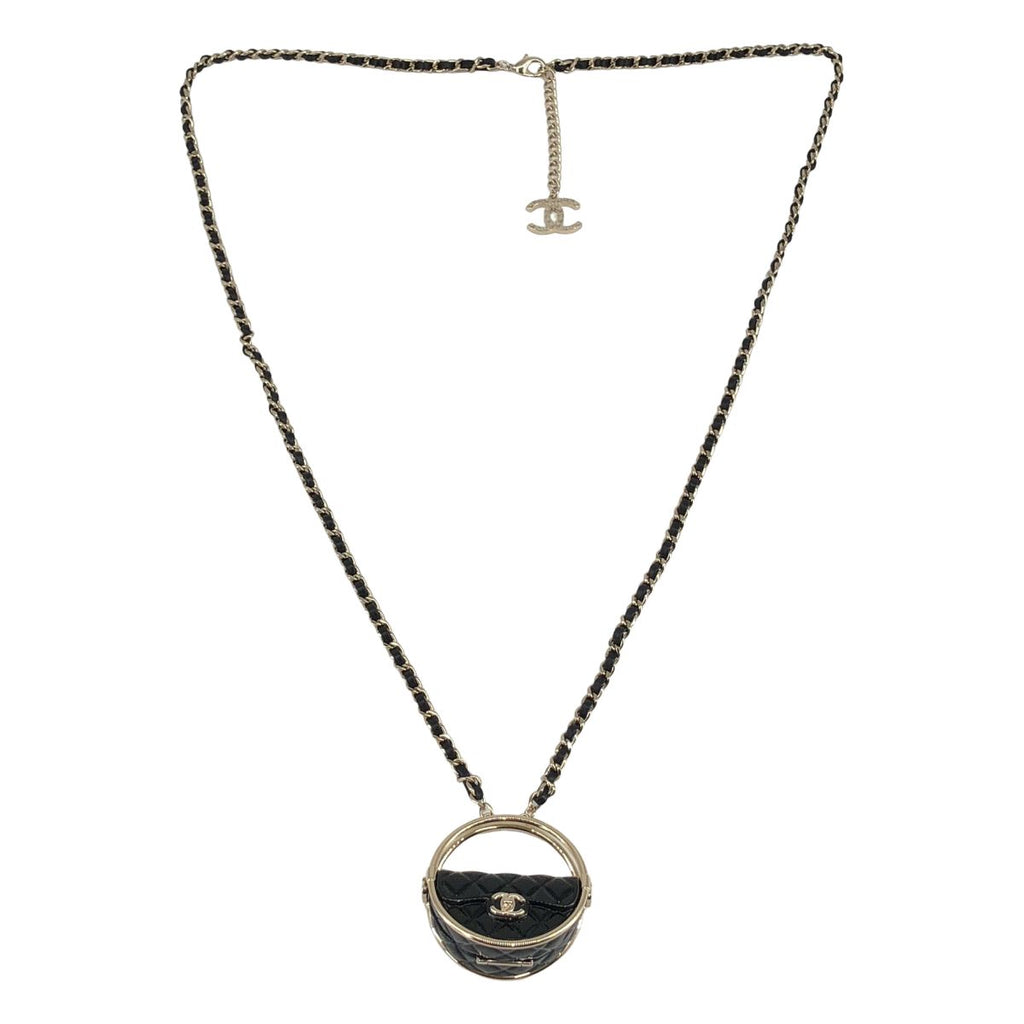 Chanel CC Logo Quilted Necklace with Mirror Black Gold — view 2