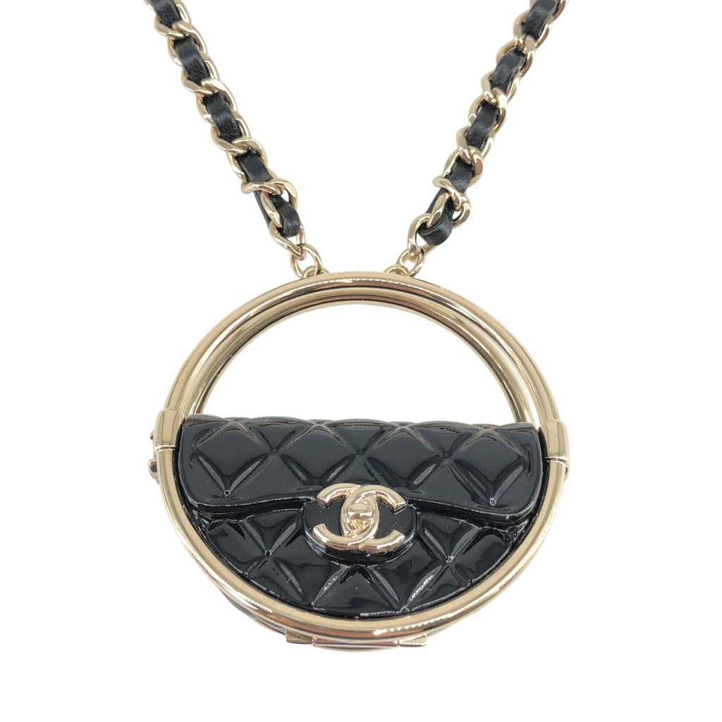 Chanel CC Logo Quilted Necklace with Mirror Black Gold — view 3