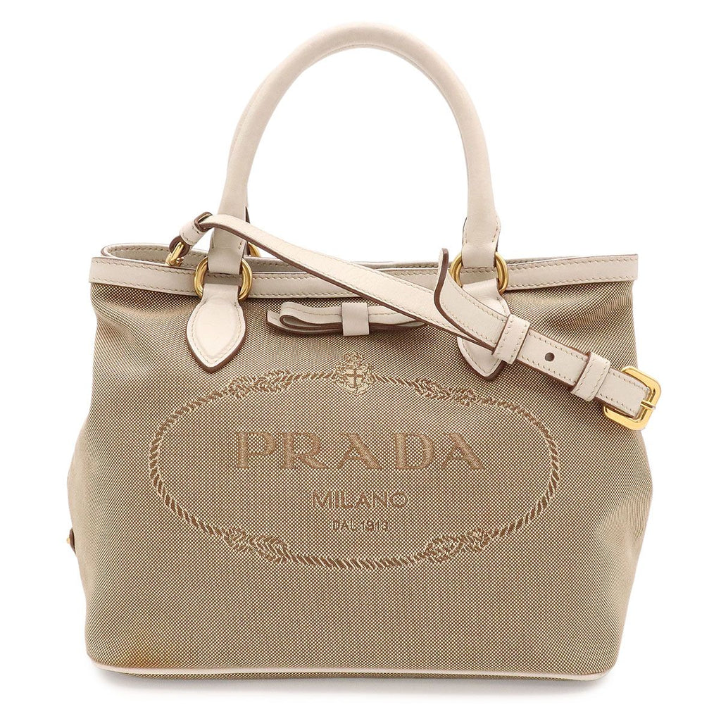 Prada Logo Jacquard Ribbon Tote 2-Way Shoulder Bag Crossbody Corda Beige Talco