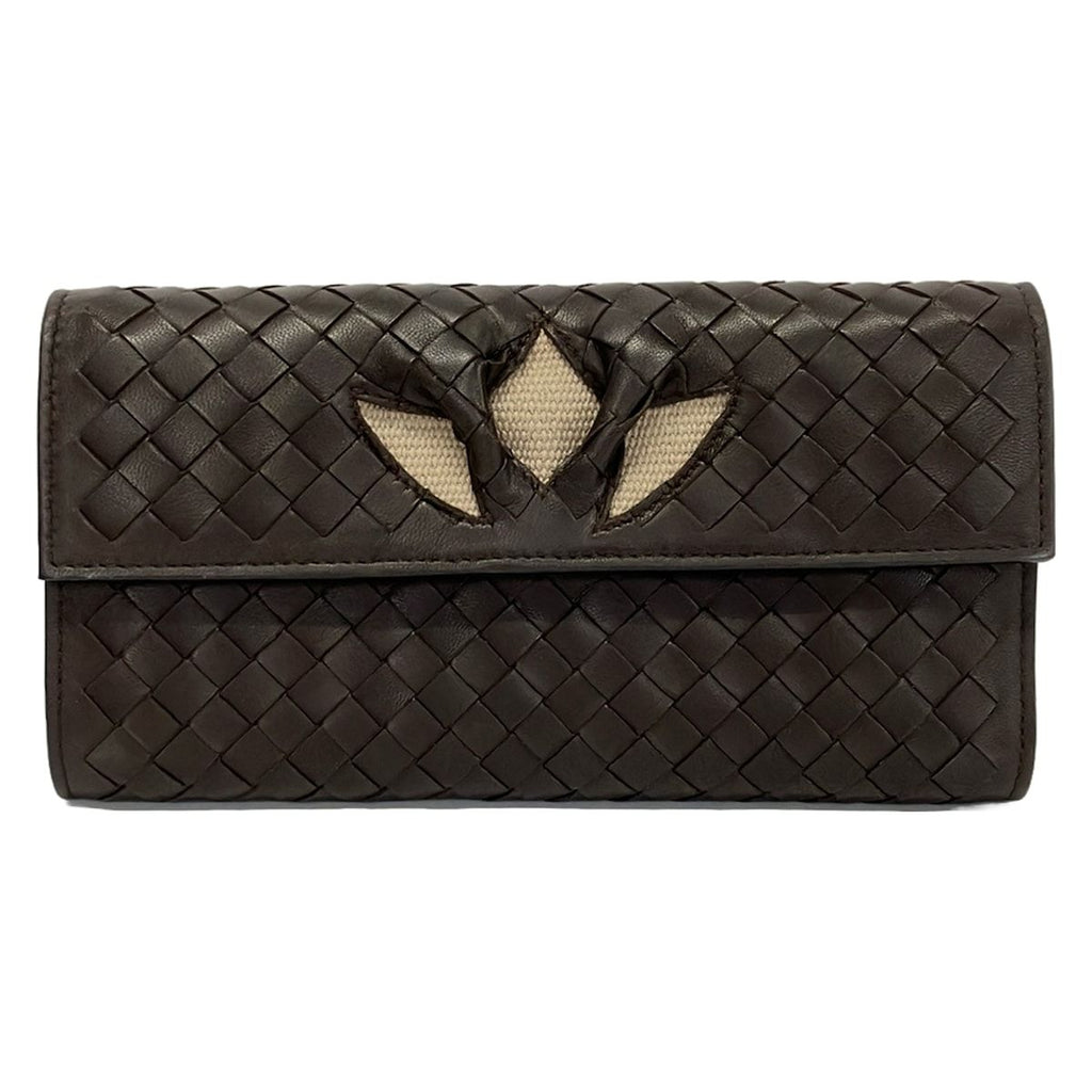 Bottega Veneta Wallet Intrecciato Dark Brown Gray Beige Cutout Linen Leather