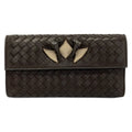Bottega Veneta Wallet Intrecciato Dark Brown Gray Beige Cutout Linen Leather