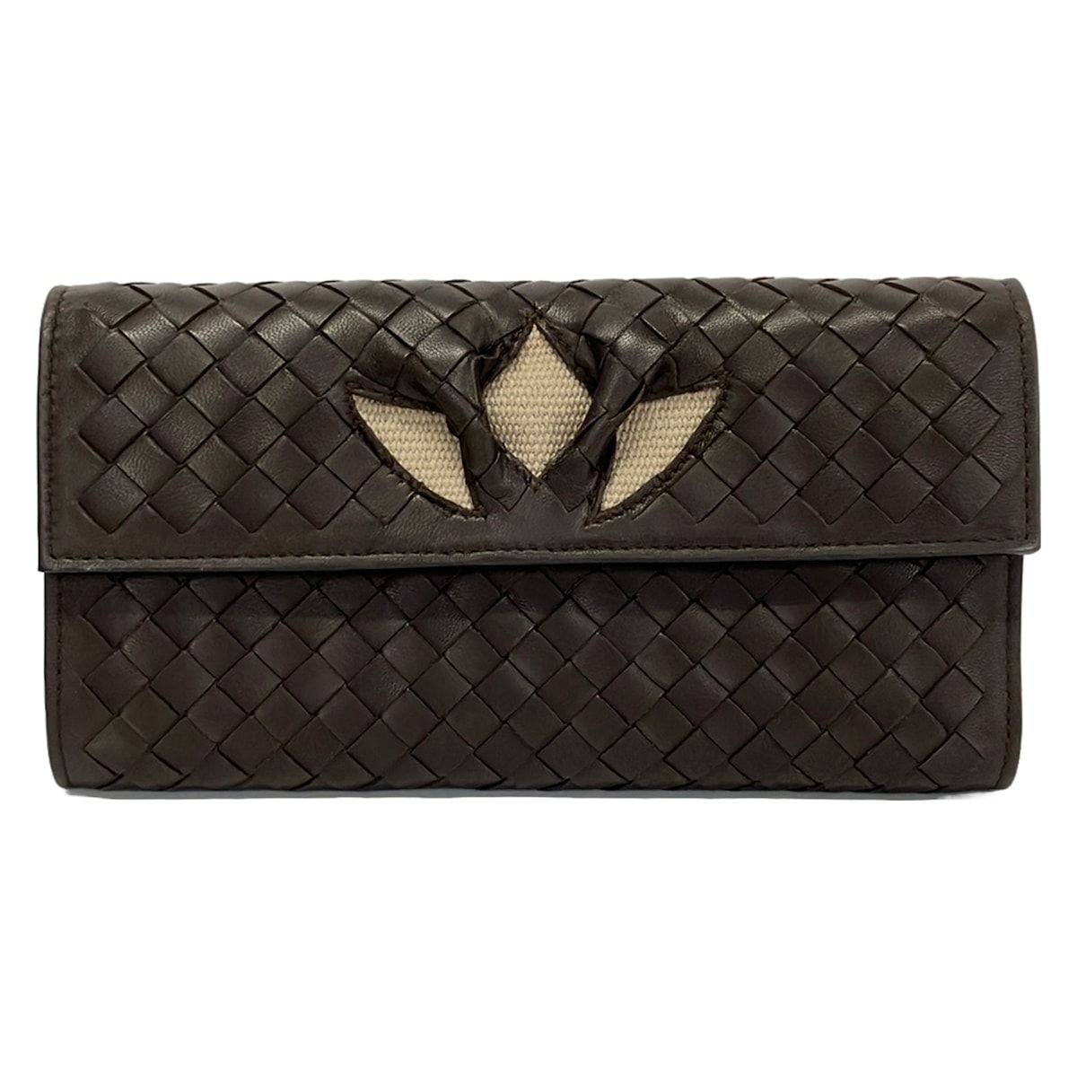 Bottega Veneta Wallet Intrecciato Dark Brown Gray Beige Cutout Linen Leather