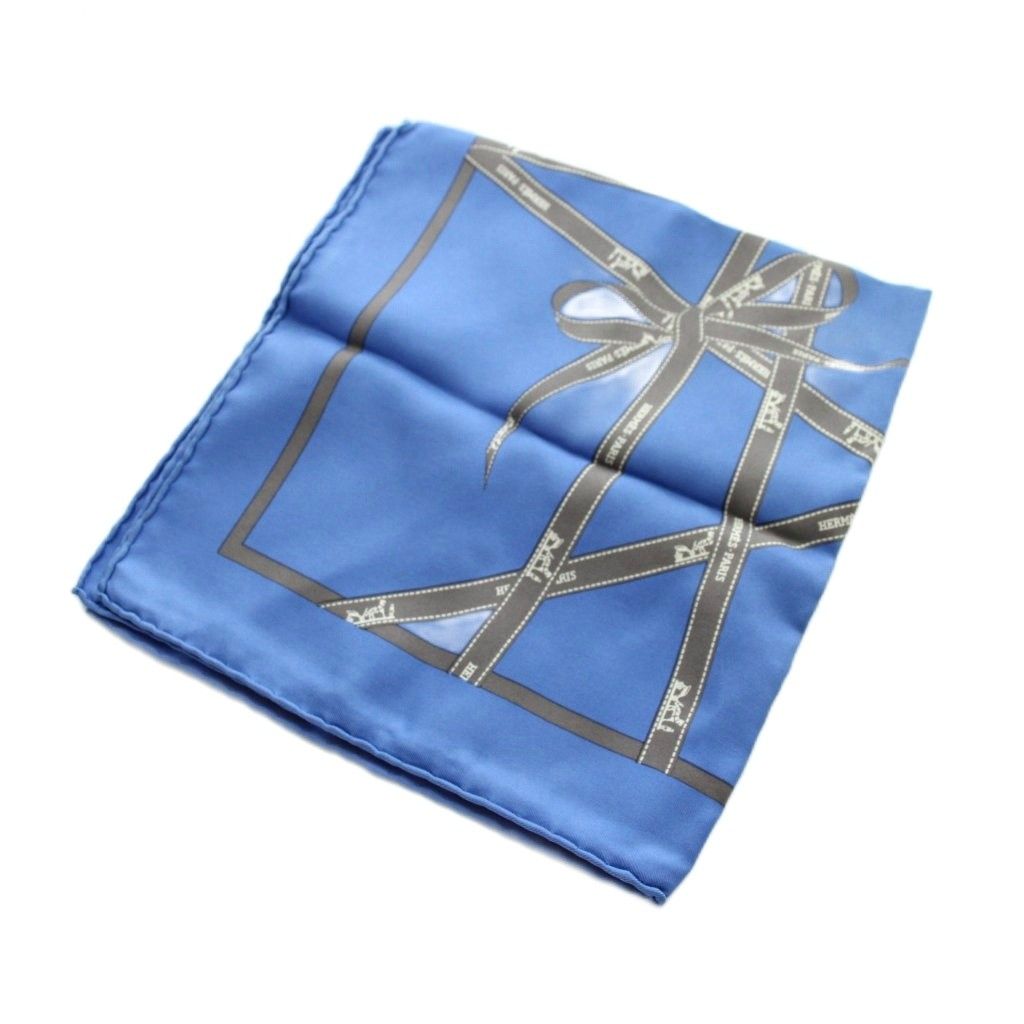 Hermes Carre 45 Scarf Ribbon Logo Bolduc Pattern Silk Blue — view 4