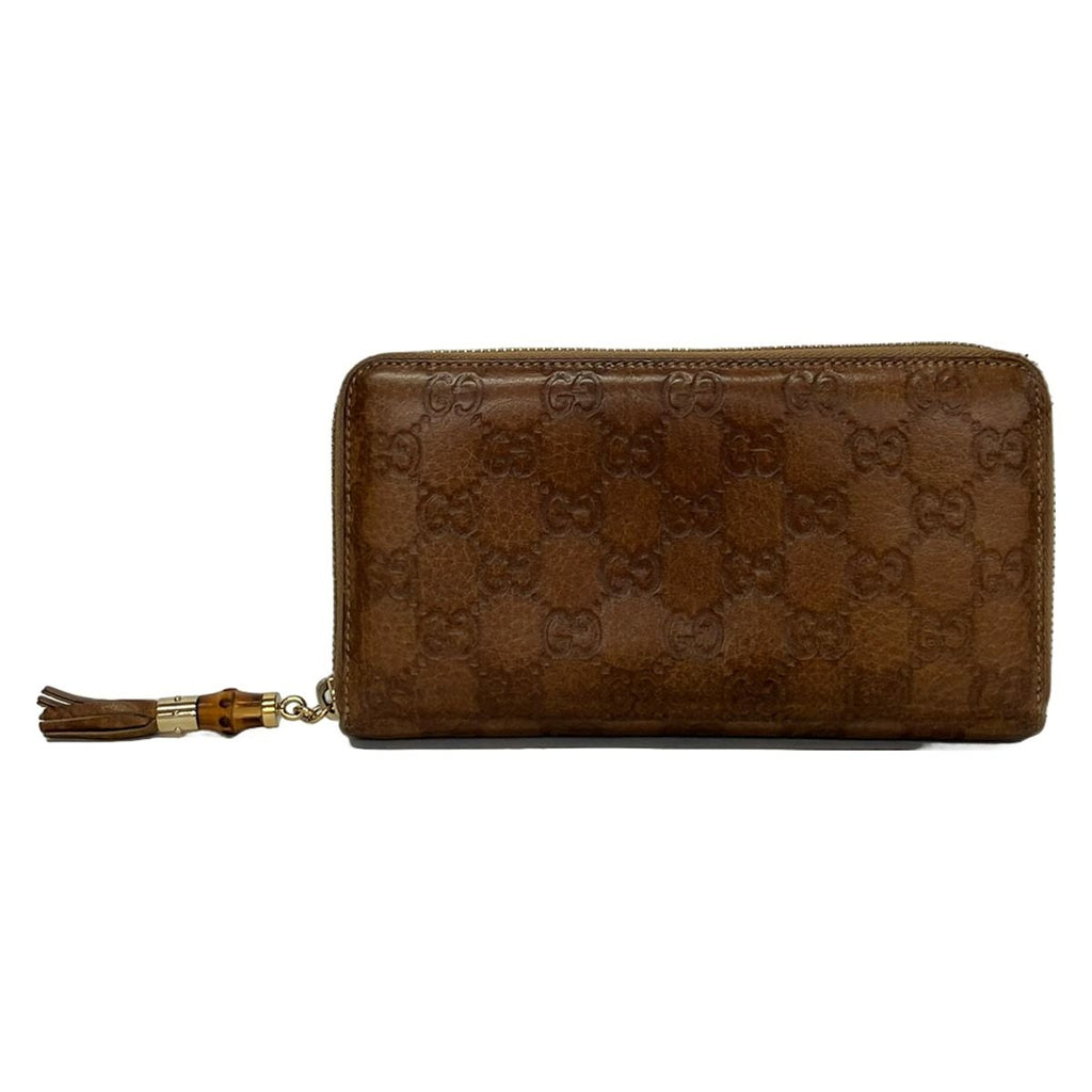 Gucci Wallet Bamboo Brown Embossed Zip Around Leather