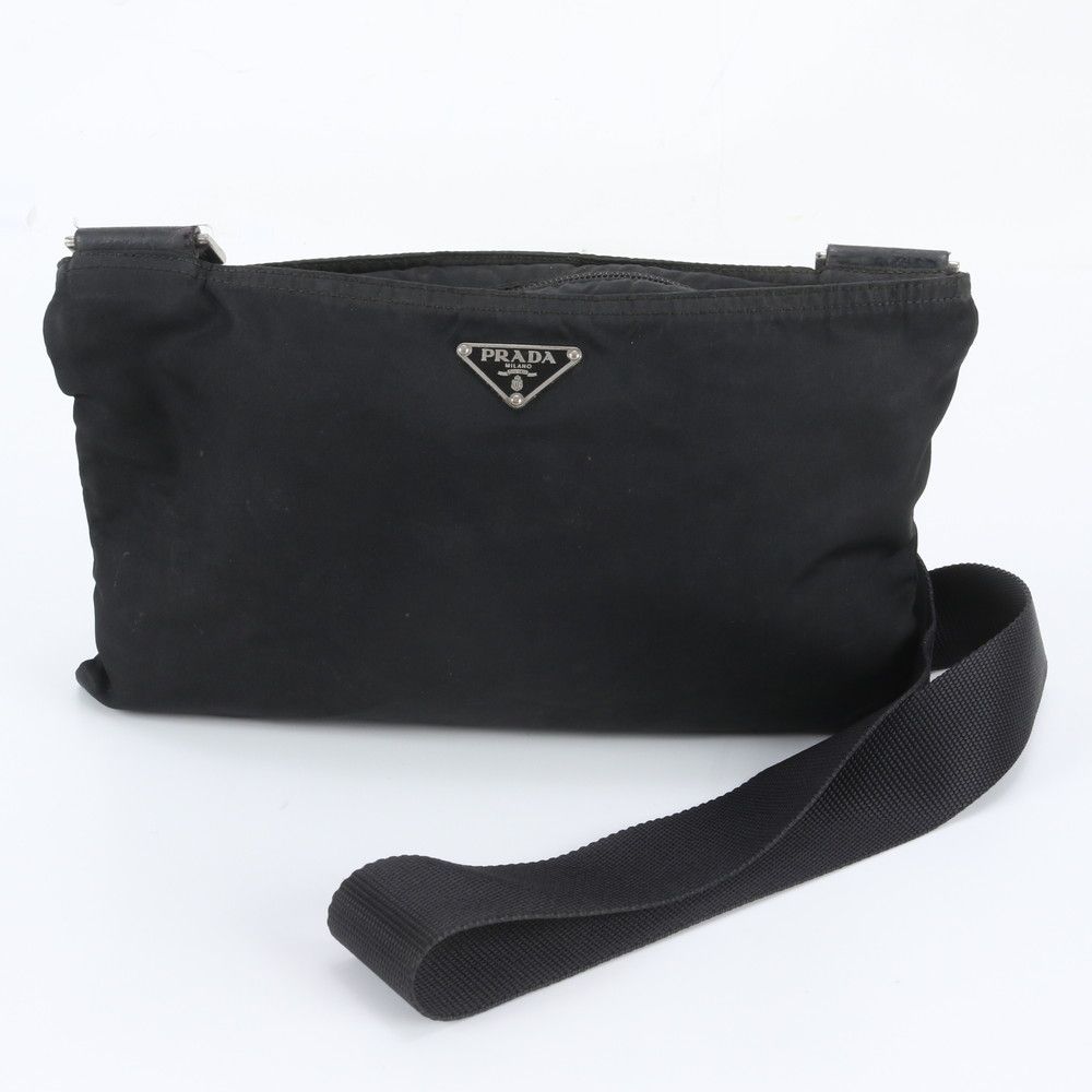 Prada Tessuto Nylon Triangle Logo Leather Shoulder Bag Crossbody Messenger Black