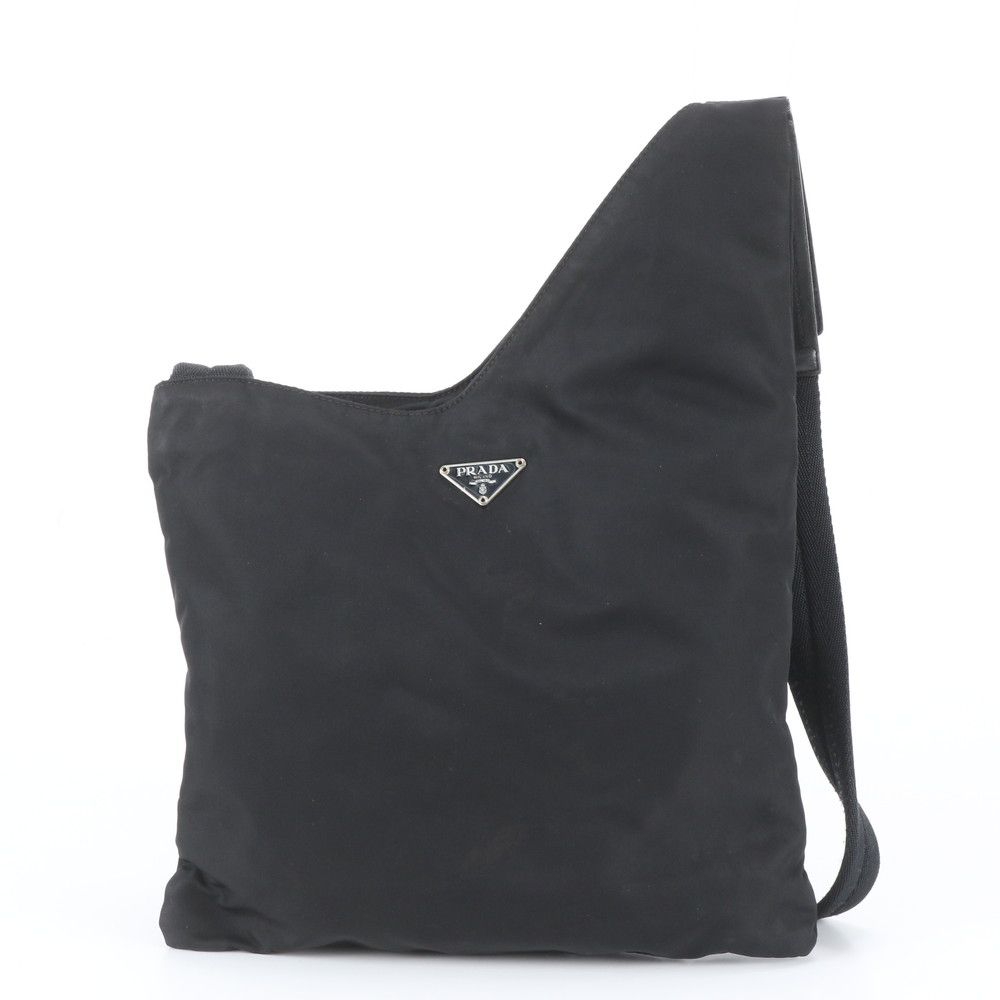 Prada Tessuto Nylon Triangle Logo Leather Shoulder Bag Crossbody Black