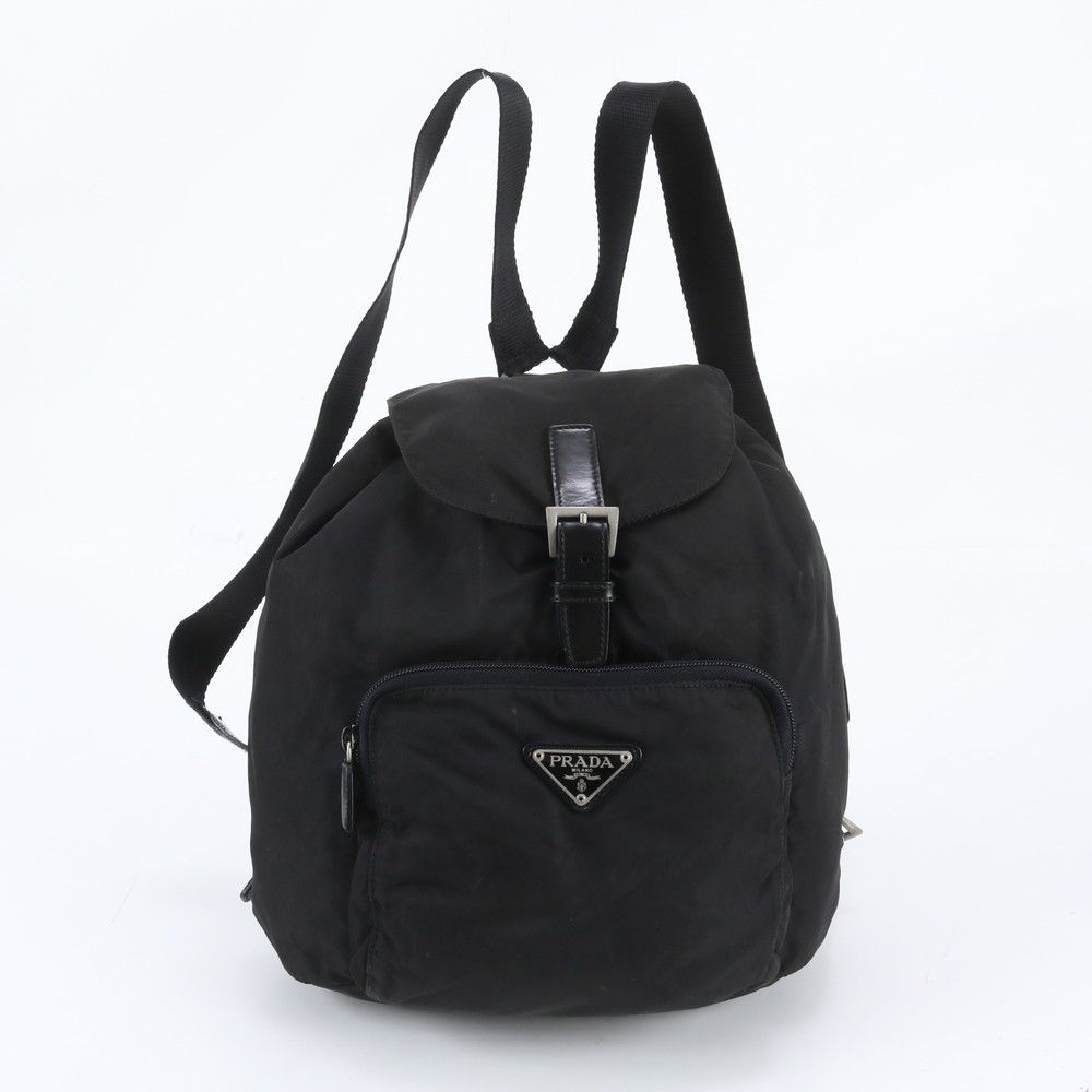 Prada Tessuto Nylon Triangle Logo Leather Backpack Shoulder Bag Black