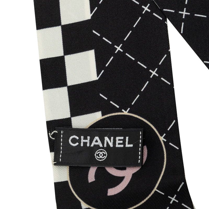 Chanel CC Logo Scarf Black White Silk — view 3