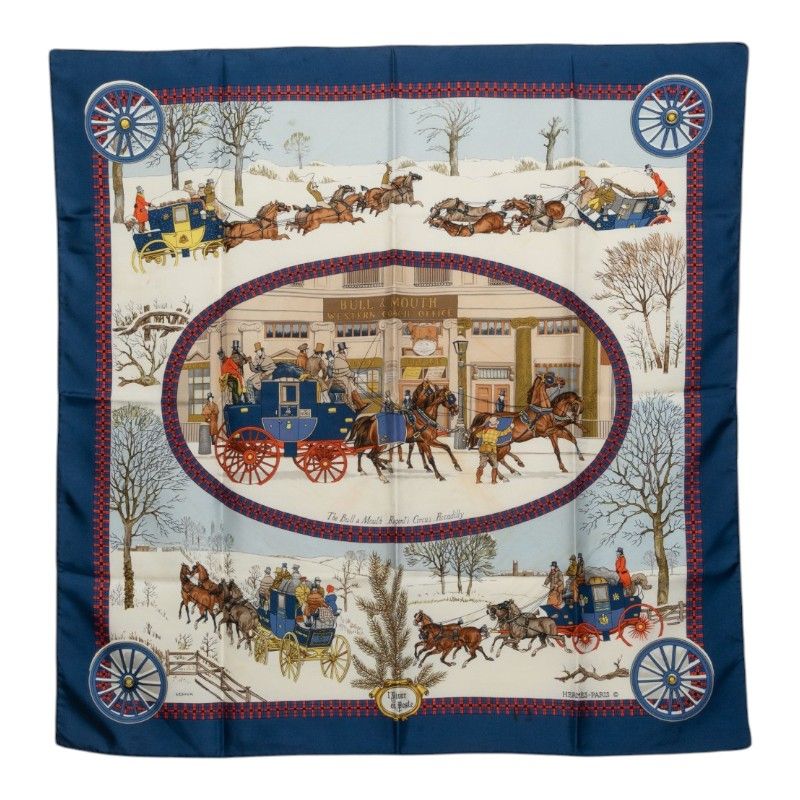 Hermes Carre 90 Bull&mouth Western Office Mail Scarf Multicolor Silk