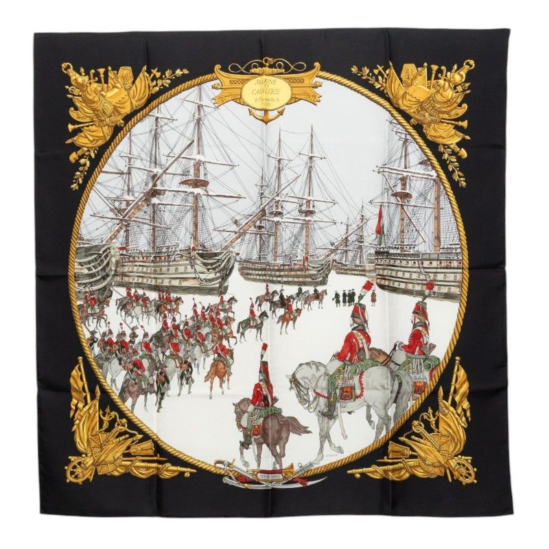 Hermes Carre 90 Marine Et Cavalerie Sea and Cavalry Scarf Black Multicolor Silk