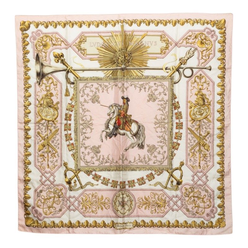 Hermes Carre 90 LV Dovicvs Magnvs White Louis 14 on Horseback Scarf Pink