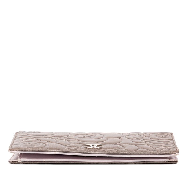 Chanel CC Logo Camellia Embossed Wallet Greige Silver Lambskin — view 3