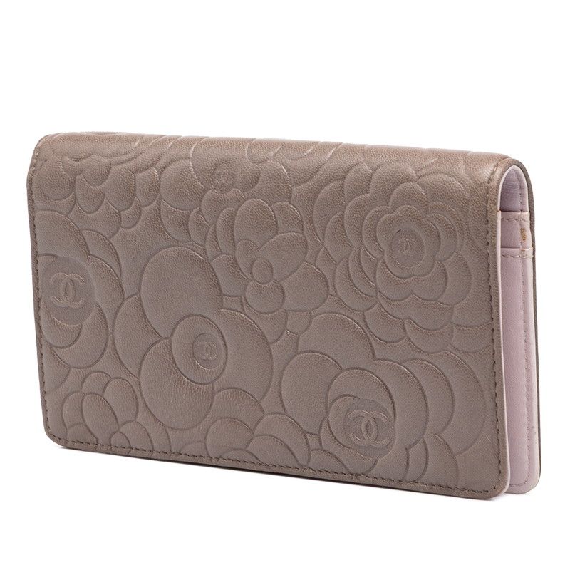 Chanel CC Logo Camellia Embossed Wallet Greige Silver Lambskin — view 2