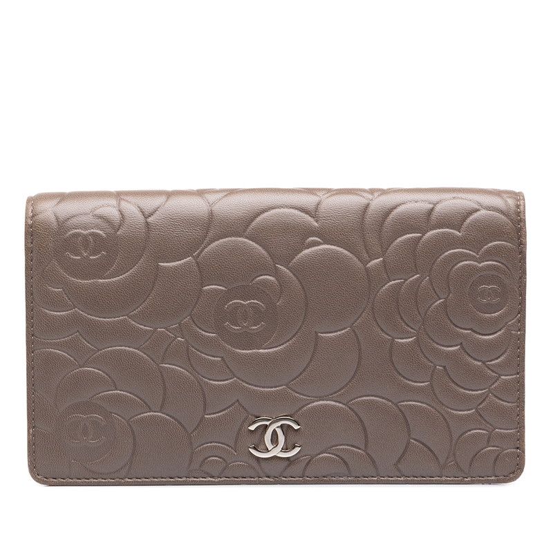 Chanel CC Logo Camellia Embossed Wallet Greige Silver Lambskin