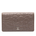 Chanel CC Logo Camellia Embossed Wallet Greige Silver Lambskin