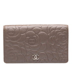 Chanel CC Logo Camellia Embossed Wallet Greige Silver Lambskin