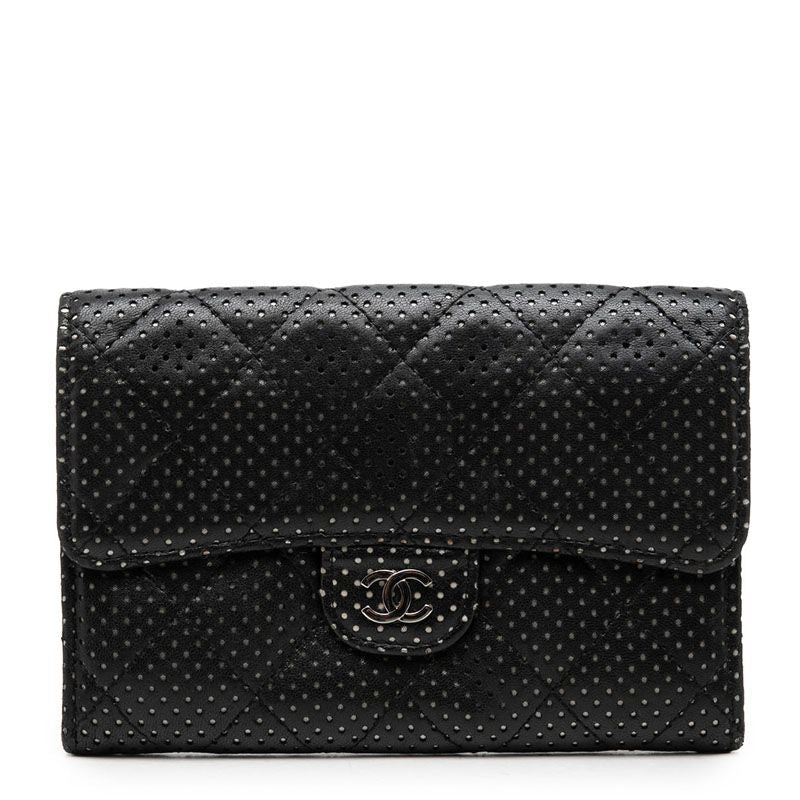 Chanel CC Logo Quilted Perforated Bifold Wallet Black Silver Lambskin