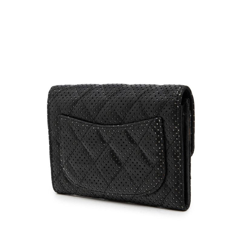 Chanel CC Logo Quilted Perforated Bifold Wallet Black Silver Lambskin — view 2