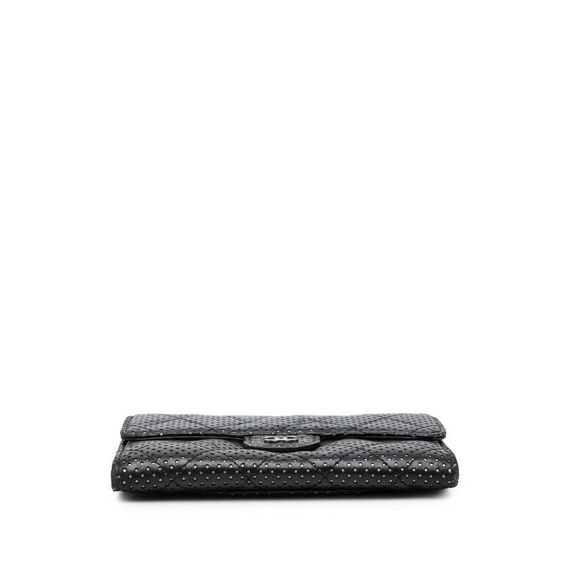 Chanel CC Logo Quilted Perforated Bifold Wallet Black Silver Lambskin — view 3