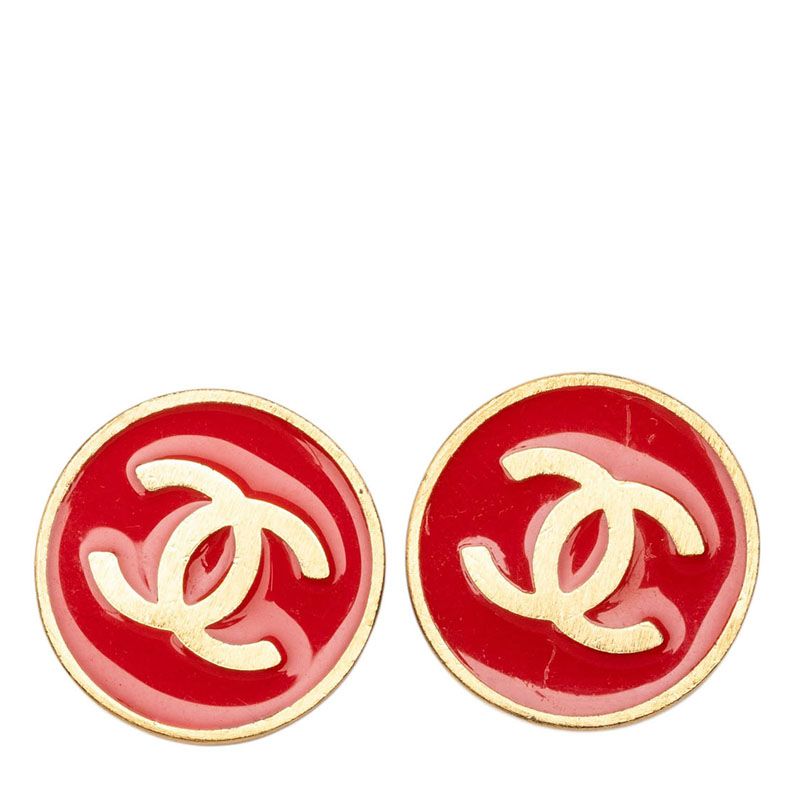 Chanel CC Logo Round Earrings 01P Stamp Gold Red Plated