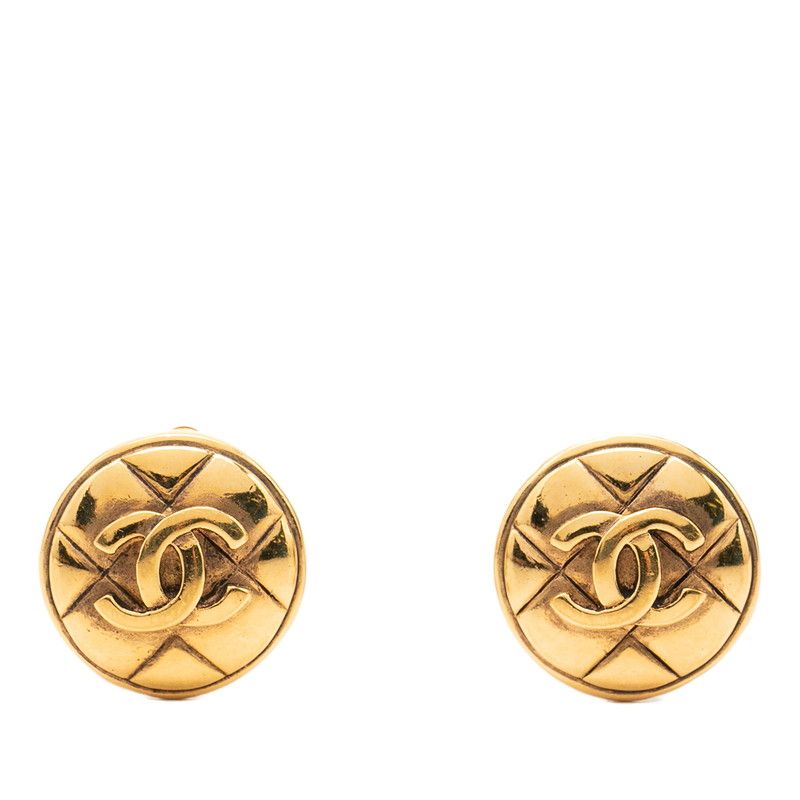 Chanel CC Logo Quilted Earrings Gold Plated