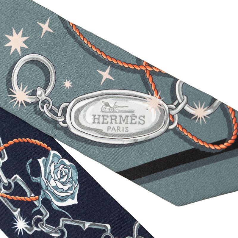 Hermes Twilly C'est la Fete Scarf Gray Navy Silk — view 2