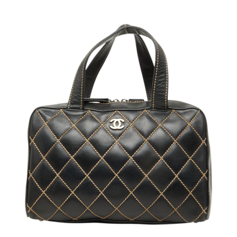 Chanel CC Logo Wild Stitch Handbag Black Gold Leather