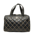 Chanel CC Logo Wild Stitch Handbag Black Gold Leather