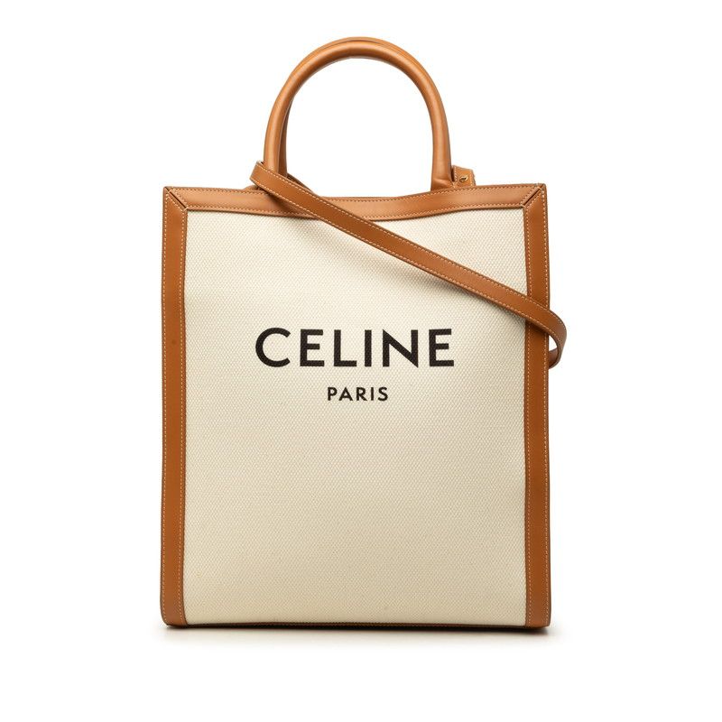Celine Vertical Cabas Small 2-Way Shoulder Bag Ivory Brown Cotton Leather