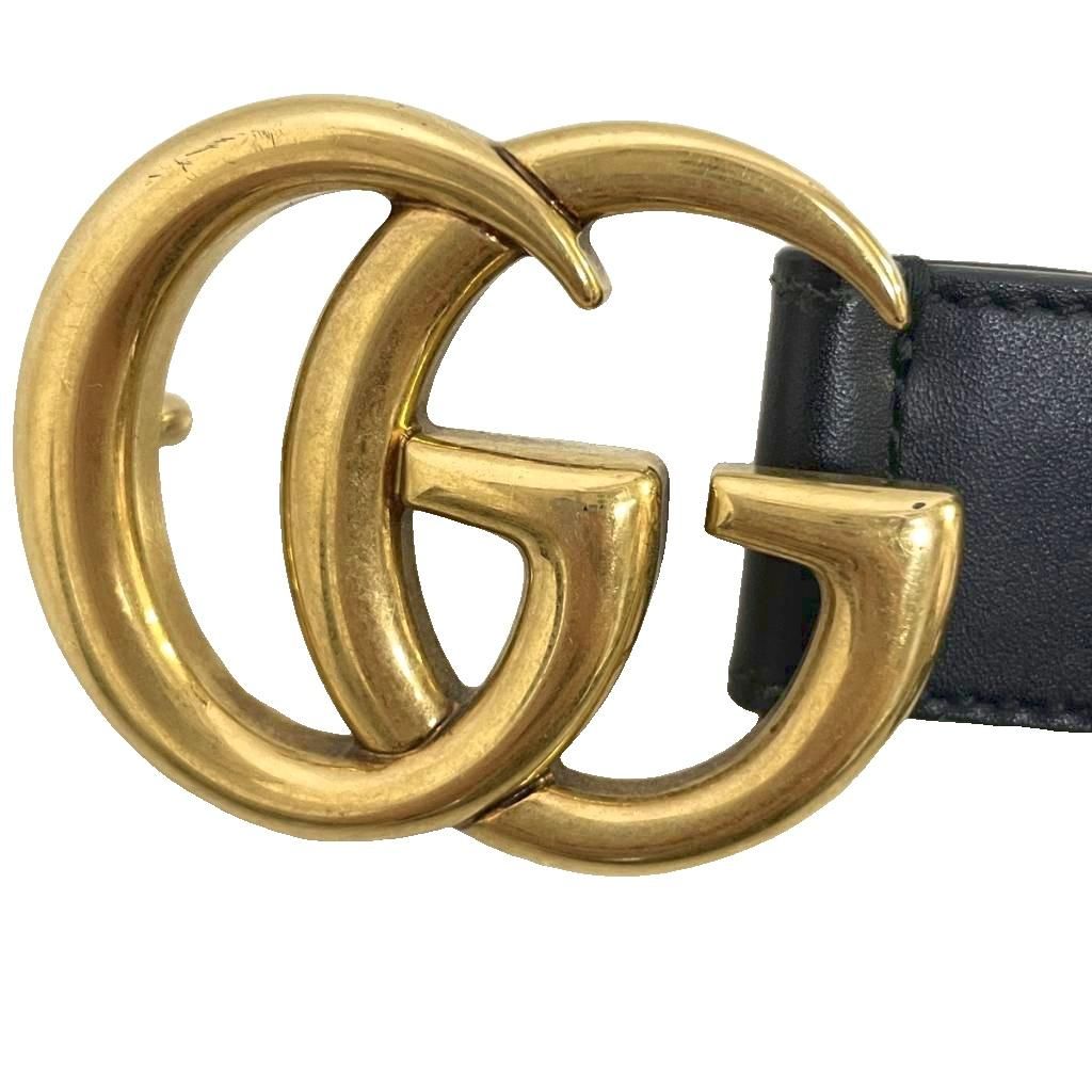 Gucci Double G Buckle Leather Belt Eyelet Black Gold — view 5