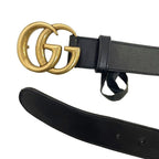 Gucci Double G Buckle Leather Belt Eyelet Black Gold — view 4