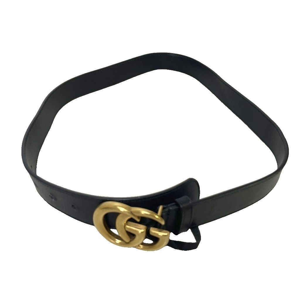 Gucci Double G Buckle Leather Belt Eyelet Black Gold — view 3