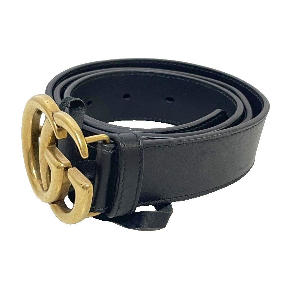 Gucci Double G Buckle Leather Belt Eyelet Black Gold — view 2