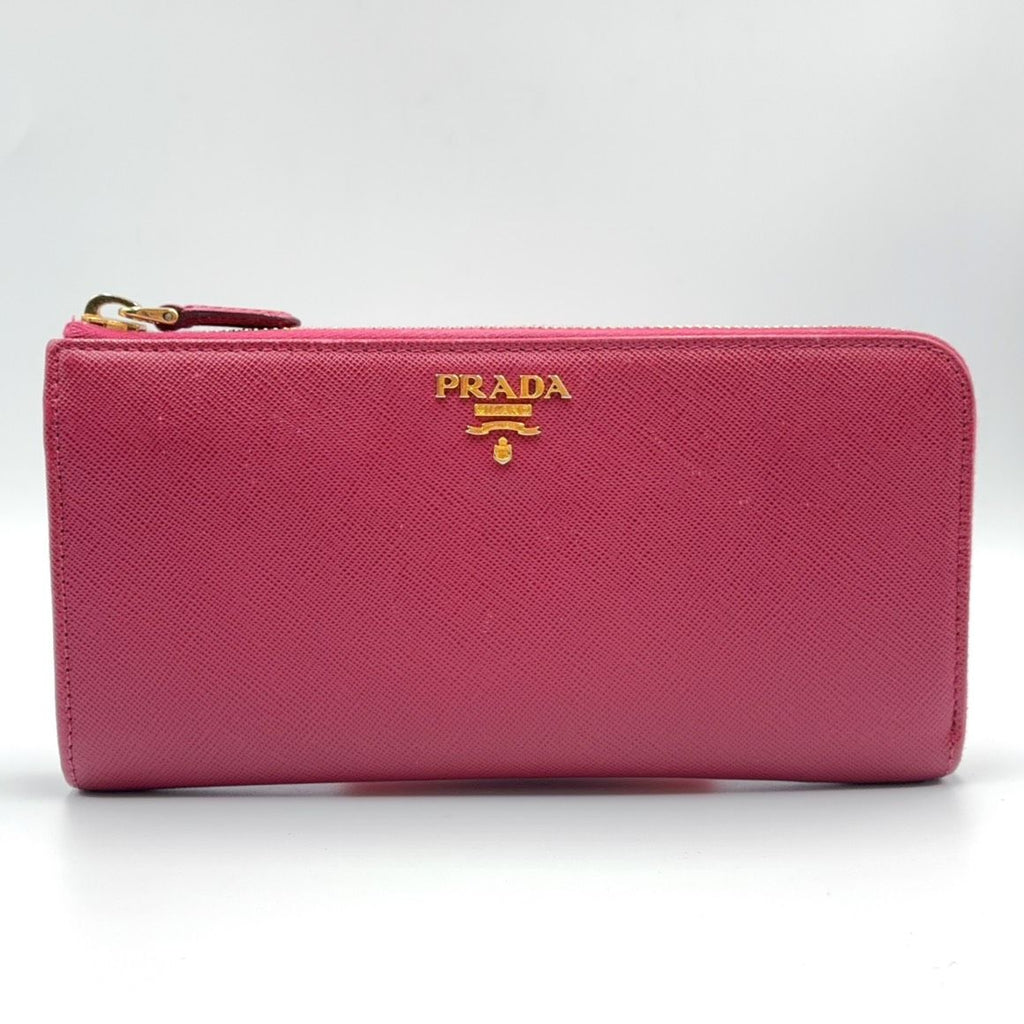 Prada Saffiano Leather L-shaped Zipper Pink Wallet Gold