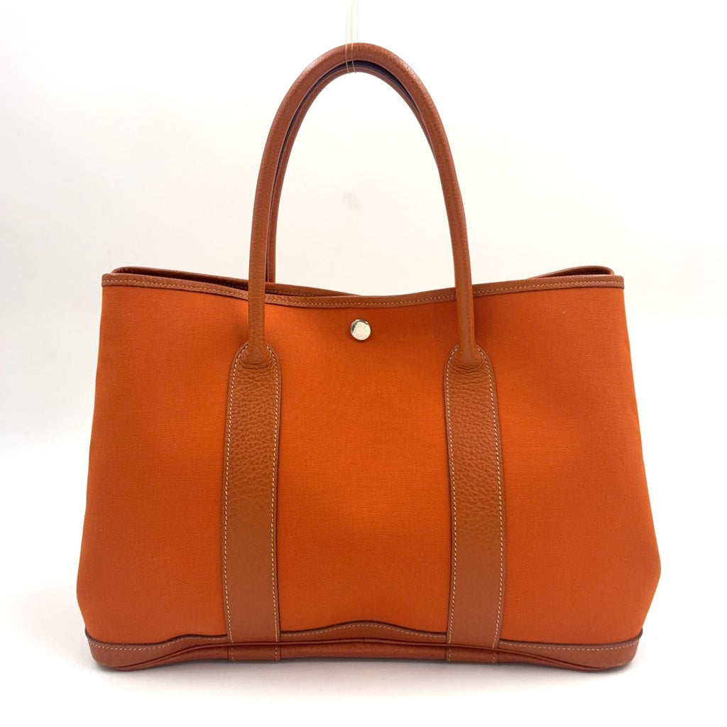 Hermes Garden Party Leather Canvas Orange Tote Bag Silver