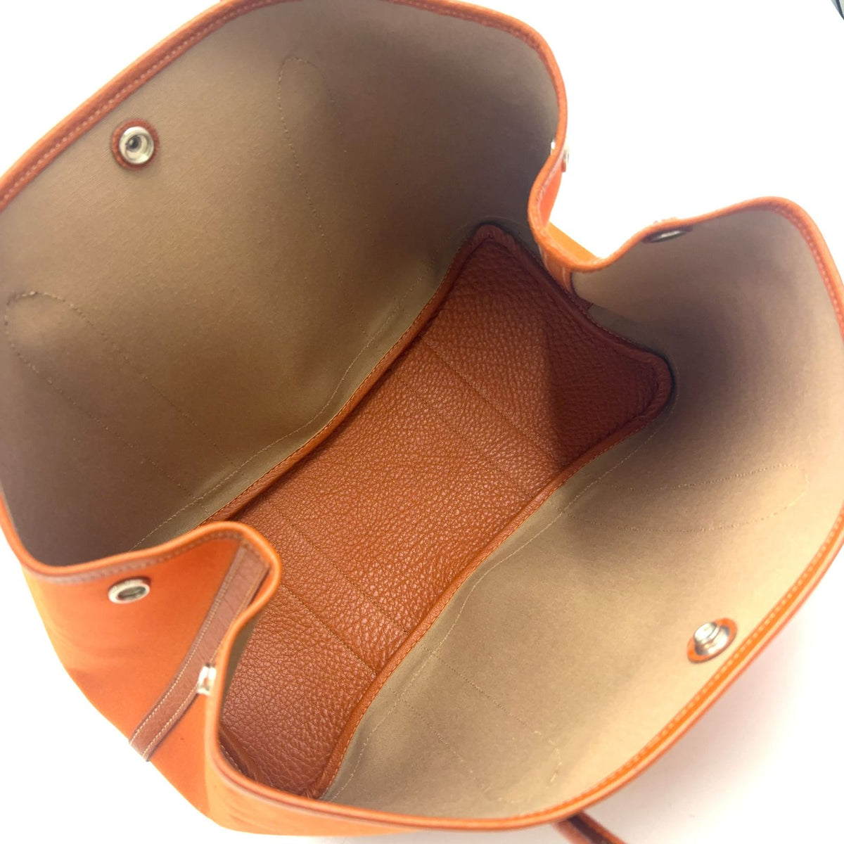 Hermes Garden Party Leather Canvas Orange Tote Bag Silver — view 3