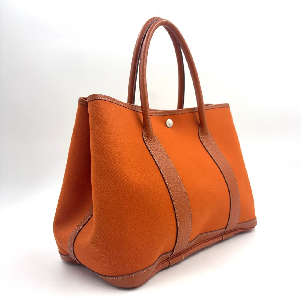 Hermes Garden Party Leather Canvas Orange Tote Bag Silver — view 2