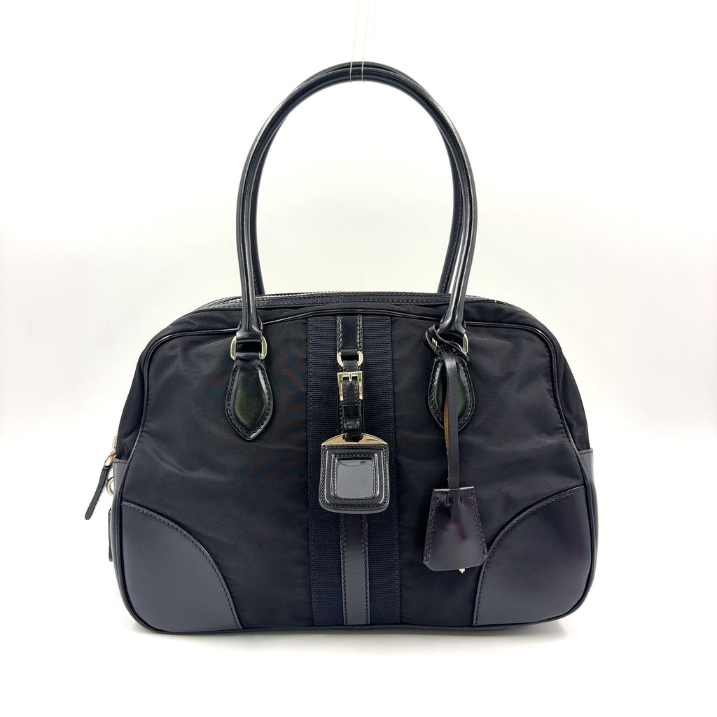 Prada Triangle Logo Nylon Bowling Bag Leather Black Mini Silver