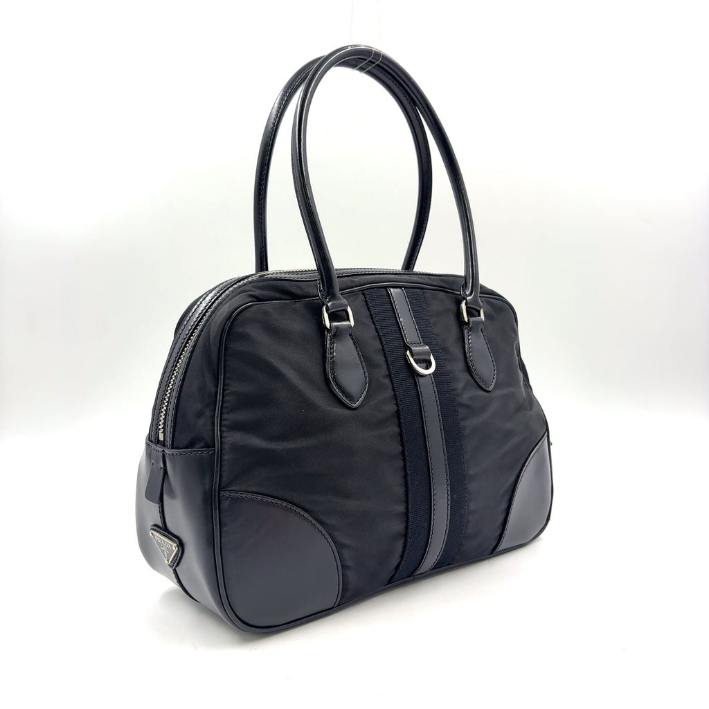 Prada Triangle Logo Nylon Bowling Bag Leather Black Mini Silver — view 2