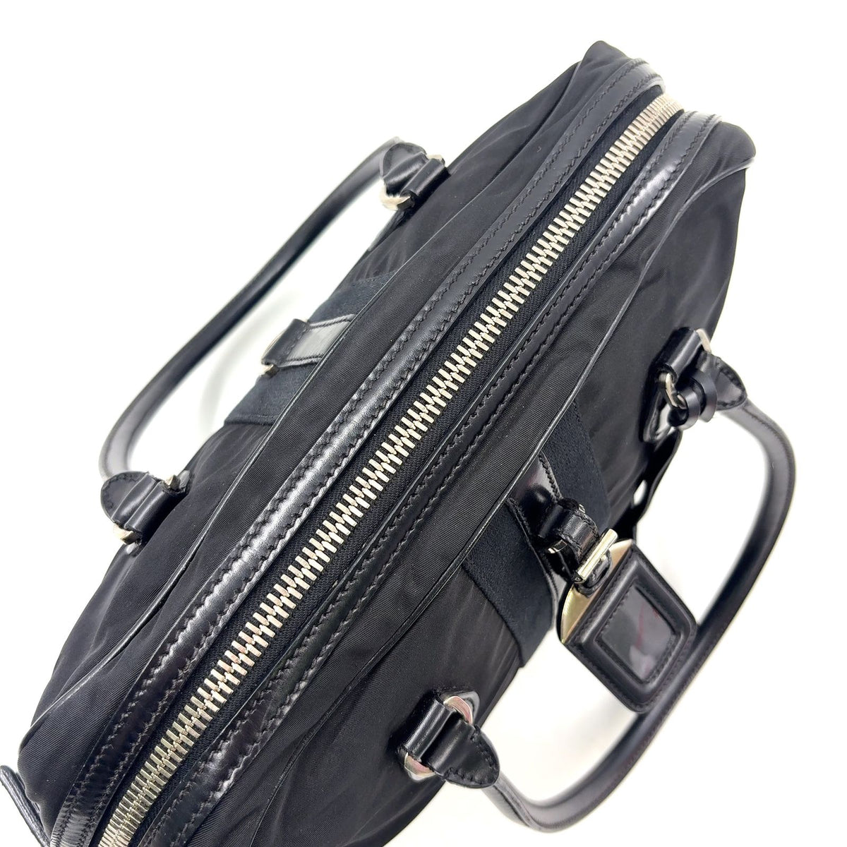 Prada Triangle Logo Nylon Bowling Bag Leather Black Mini Silver — view 6