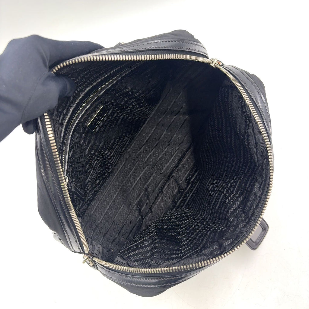 Prada Triangle Logo Nylon Bowling Bag Leather Black Mini Silver — view 3