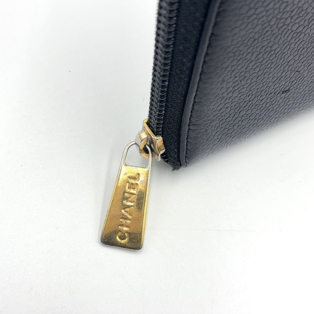 Chanel CC Logo Caviar Leather Zip Around Black Wallet Gold — view 8